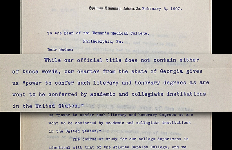 Correspondence between Spelman Seminary and Woman's Medical College regarding Daisy E. Brown, 1907. (Legacy Center Archives & Special Collections)