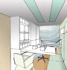 Design sketch for a comfortable interior for a mobile autism assessment unit