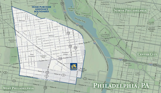 Map of Drexel's Home Purchase Assitance Boundaries