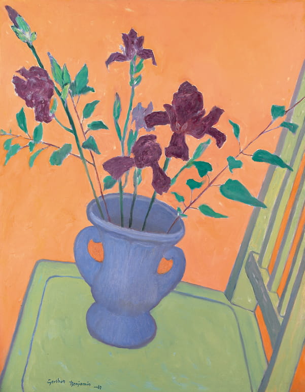 "Irises" by Gershon Benjamin, 1967, oil on canvas, 36 x 28 inches. The Gershon Benjamin Foundation.