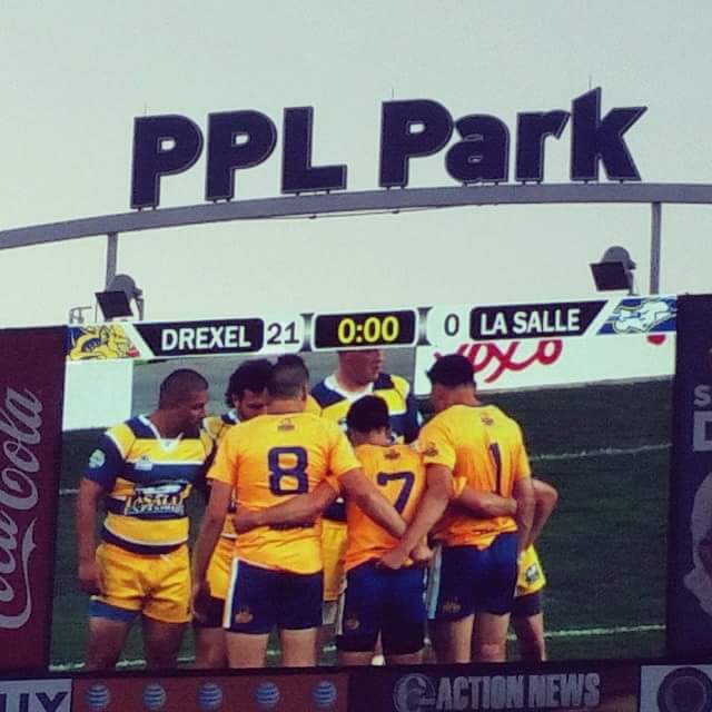 Drexel players on the video board during the La Salle game May 30.