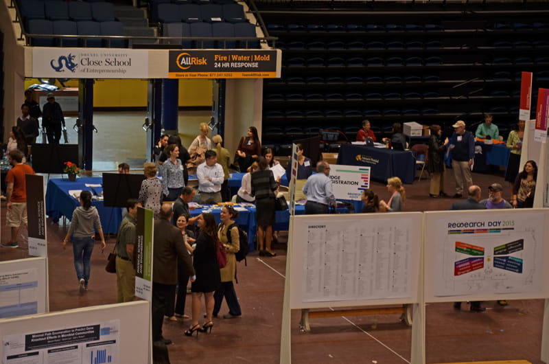 The scene near the registration table at Drexel Research Day.