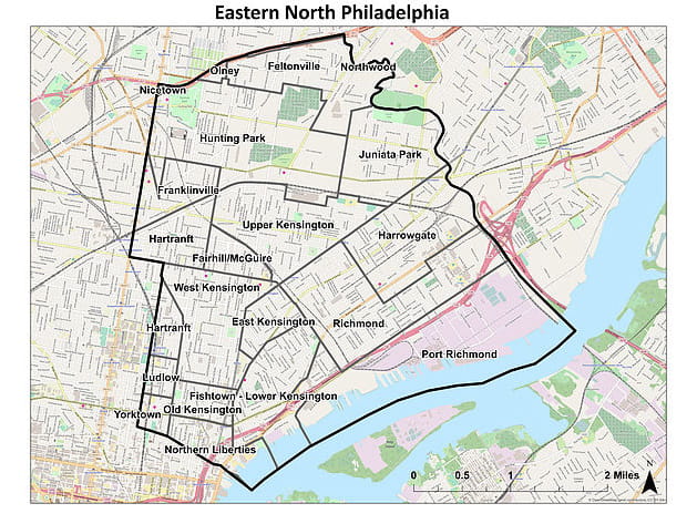 A map depicting the territory in eastern North Philadelphia that is covered by the NUAV dataset.