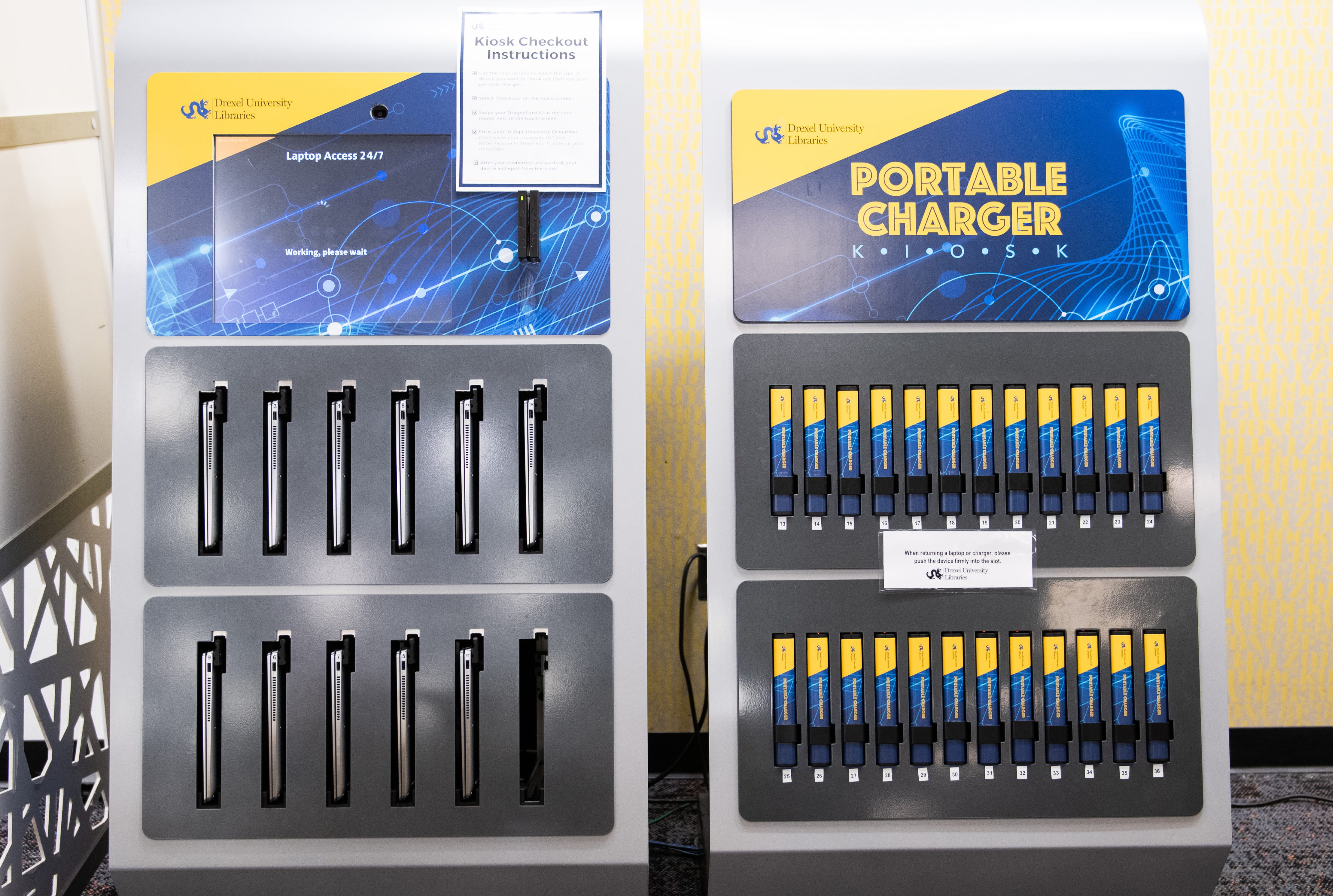 Drexel University Libraries’ laptop vending machine and portable power charger lending kiosk, as expanded in 2024. Photo credit: Jaci Downs Photography.