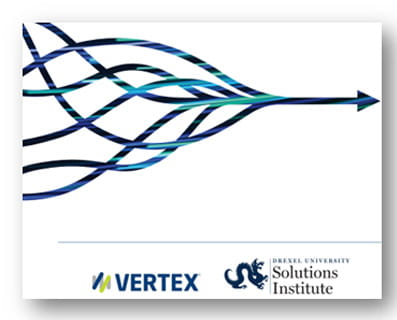 Drexel and Vertex partnership graphic: blue, green, and black arrows coming from the left converging to one arrow pointing right
