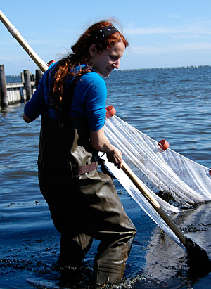 Student with net in the ocean