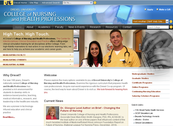 web page for Drexel College of Nursing and Health Professions