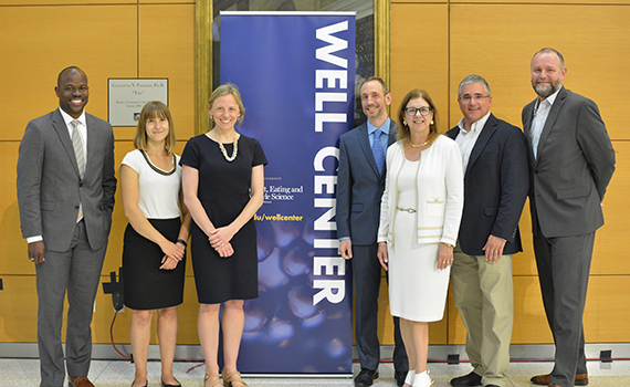 Drexel Provost Brian Blake, Assistant Professor Adrienne Juarascio, Professor Meghan Butryn, WELL Center director Evan Forman, Dean of the College of Arts and Sciences Donna Murasko, Associate Dean Rob D'Ovidio and Vice Provost for Research Aleister Saunders at the WELL Center Launch