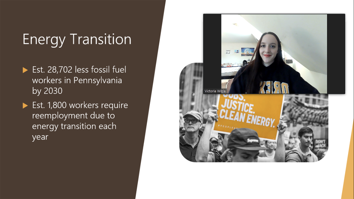 Screenshot of virtual presentation on Energy Transition featuring image of sociology student Victoria Wible