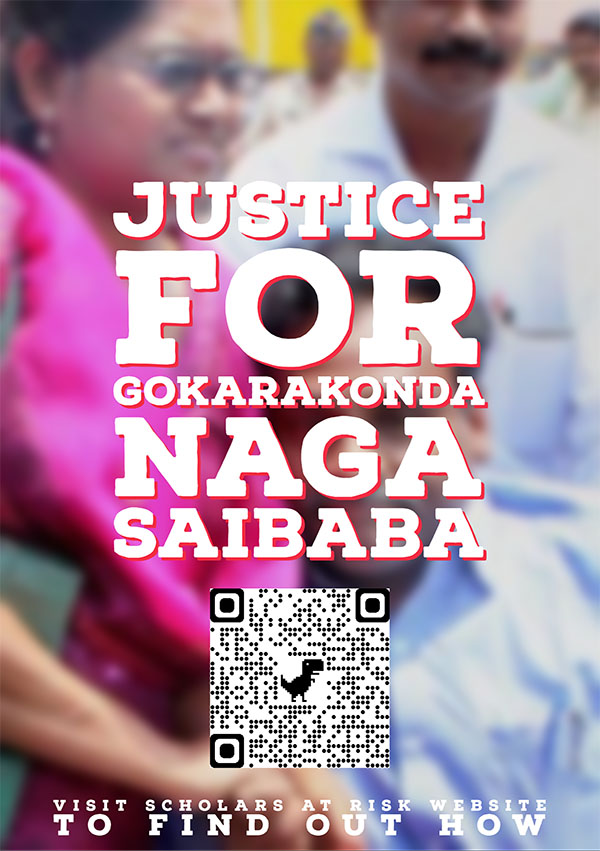 Photo of people with qr code and text that reads Justice for Gokarakonda Naga Saibaba