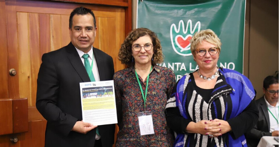 Dean Ana Diez Roux, MD, PhD, MPH, with Gerry Eijkemans of PAHO-WHO and Yamit Noe Hurtado Neira, Mayor of Paipa, Colombia at the official launch of The Urban Health Network for Latin America and the Caribbean's latest policy brief, Health in All Urban Policies: Lessons from Latin American Cities.