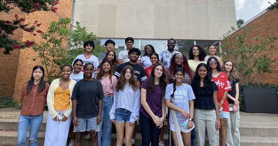 Group two of the high school public health institute participants gather outside of Nesbitt Hall