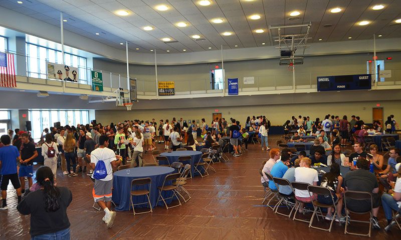 Students at welcome party in rec center