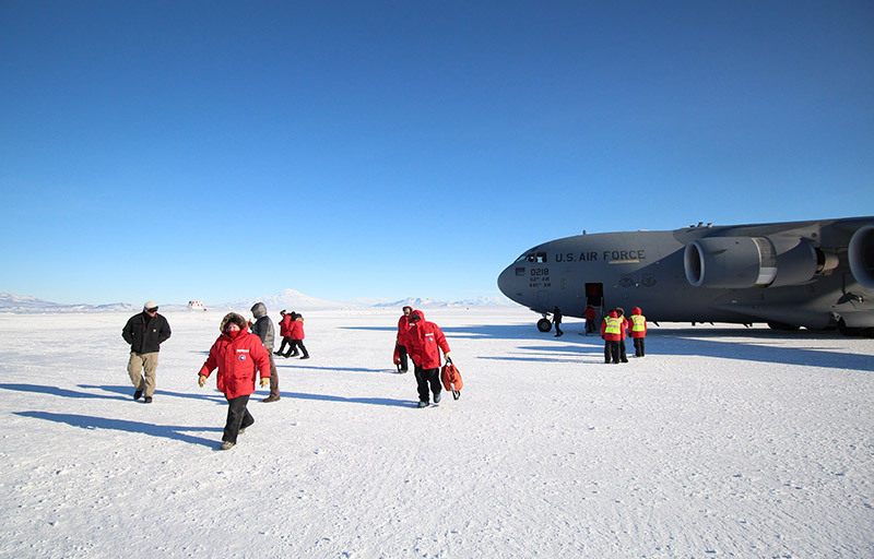 Research scientists landing in Antarctica