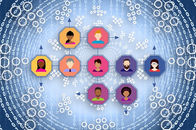 Blue background with clustered circles, in the center are faceless images of simulated people all connected