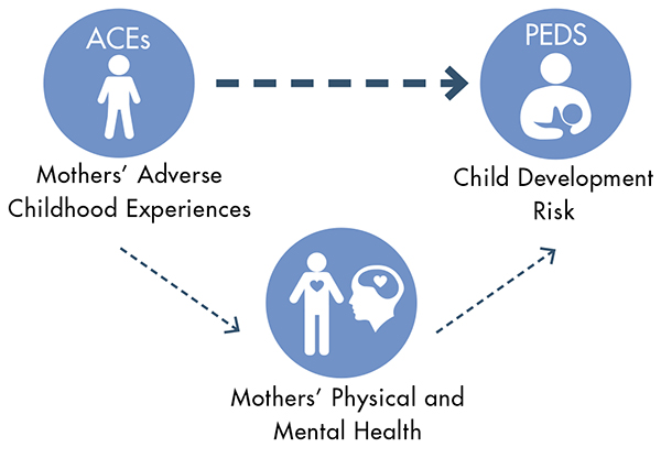 Graphic displaying Mother's Adverse Childhood Experiences (ACEs) connection with Mother's Physical and Mental Health and both impacting Child Development Risk