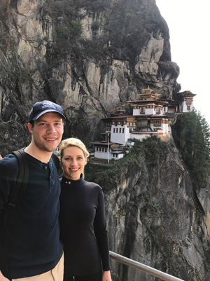 Drexel medical student Matthew Recker in Paro, Bhutan with wife on hike to Paro Taktsang (Tiger’s Nest Monastary).