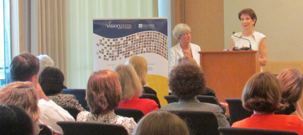 Lynn Yeakel and Dianne Semingson address the audience at a recent Vision 2020 event.