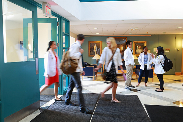 Medical students can come and go by shuttle bus between the Queen Lane Campus and Center City. The Queen Lane lobby is pictured here.