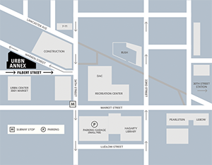 Map: URBN Center Annex, Leonard Pearlstein Gallery, 3401 Filbert St., Philadelphia, PA. 19104