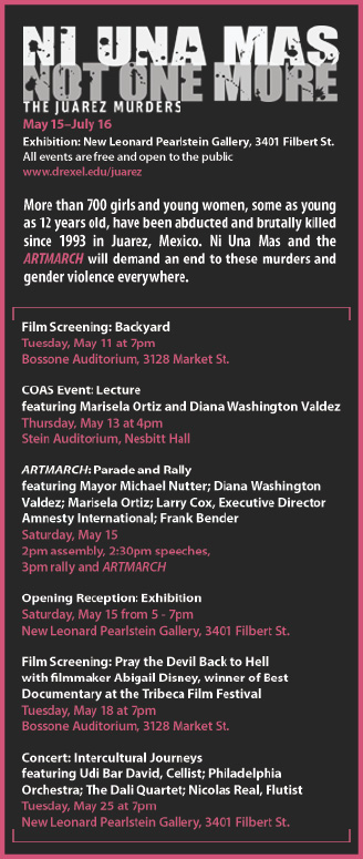 Ni Una Mas text graphic with list of events