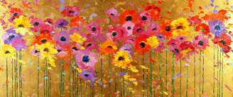 Painting of red, purple and yellow poppy flowers