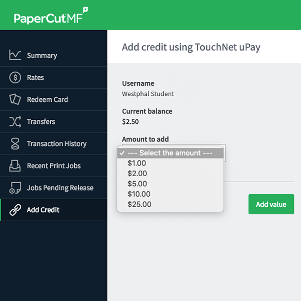 Screenshot of Add credit using TouchNet uPay in PaperCut MF