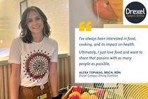 Alex at tabling event and quote: "I've always been interested in food, cooking, and its impact on health. Ultimately, I just love food and want to share that passion with as many people as possible."