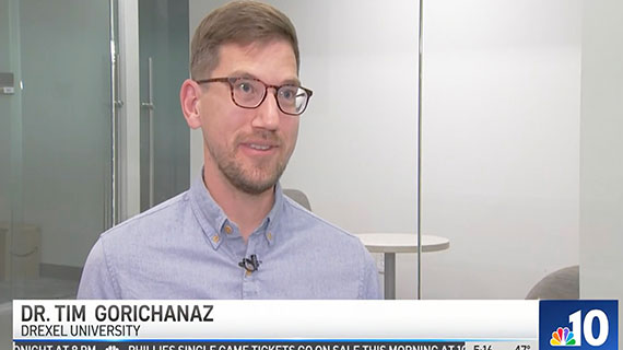 Screenshot of Tim Gorichanaz speaking on NBC10 broadcast