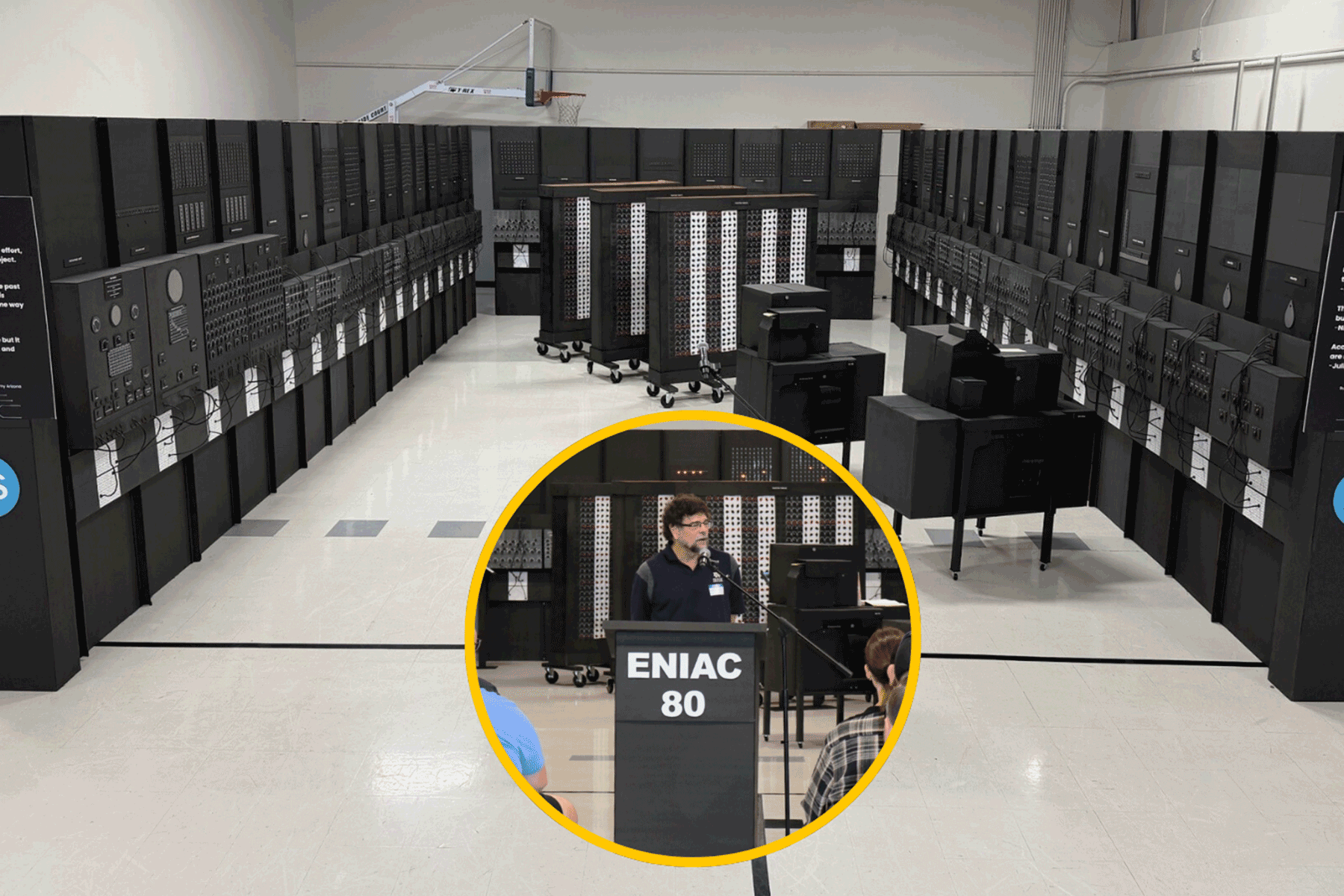 Brian Stuart, PhD, pictured with the ENIAC replica.