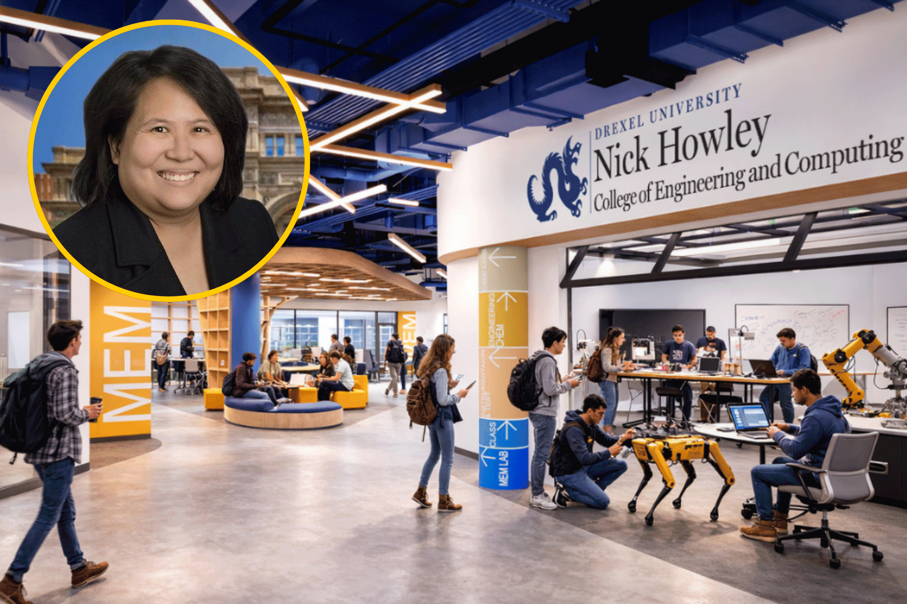 Dr. Eunice E. Santos inset photo, with a rendering of a future Howley College facility.