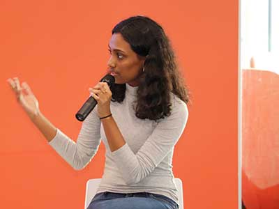 Student moderator Srirashmi Gudur (information systems '22) moderated the panel of professionals on September 27.