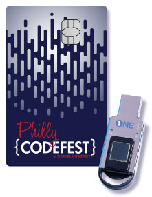 Image of CyberONE Card and Biometric key with Philly Codefest logo design