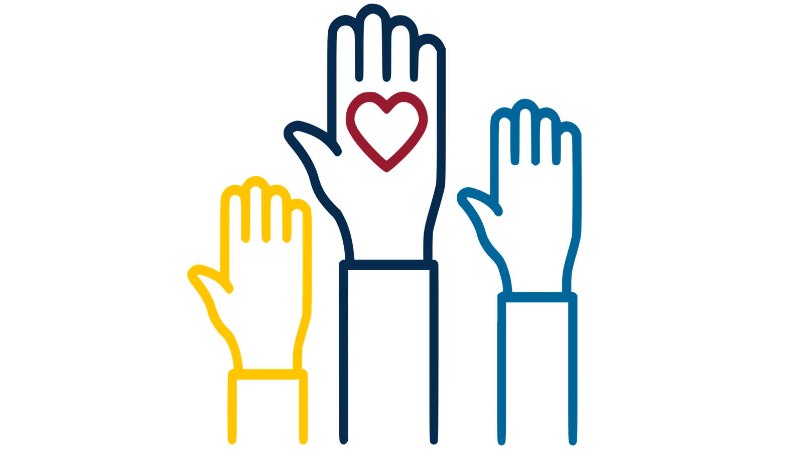 A graphic showing raised hands with a heart