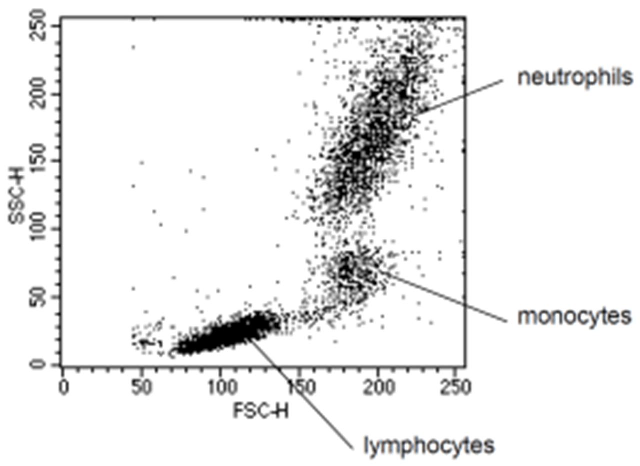 Flow Cytometer light scattering charting neutrophilis, monocytes, and lymophcytes