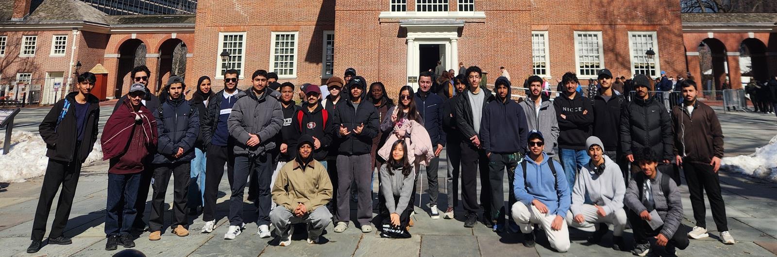 The Drexel English Language Center's 2026 cohort of students standing in front of  Independence Hall in Philadelphia, PA.