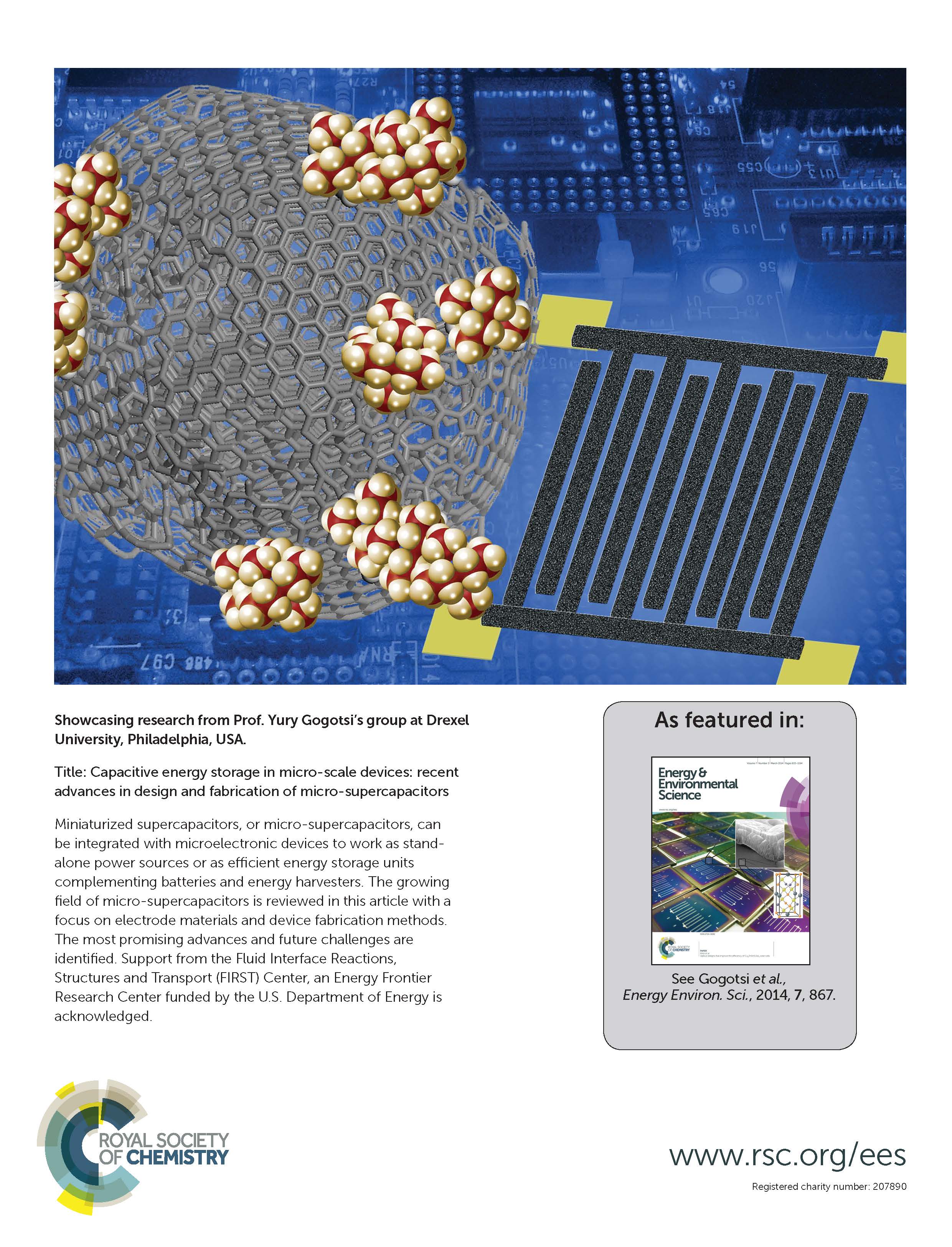 Miniaturized supercapacitors, or micro-supercapacitors, can be integrated with microelectronic devices to work as standalone power sources or as effi cient energy storage units complementing batteries and energy harvesters.  Reproduced from <em>Energy Environ. Sci.</em>, 2014,7, 1193-1194 with permission from The Royal Society of Chemistry.