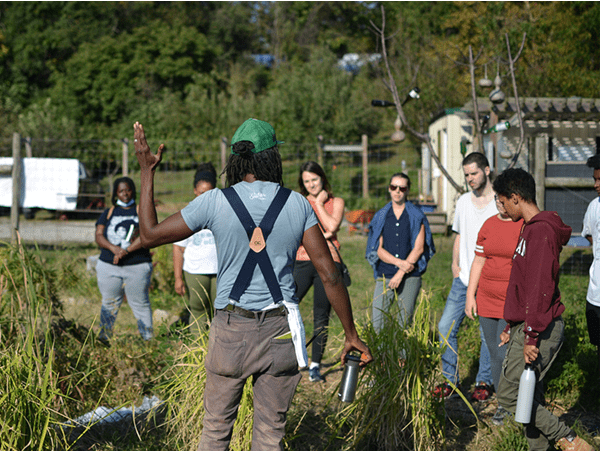 students volunteering on a farm