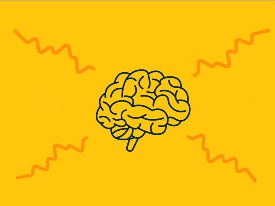 Navy blue outline of a brain surrounded by orange lightning lines on a gold background