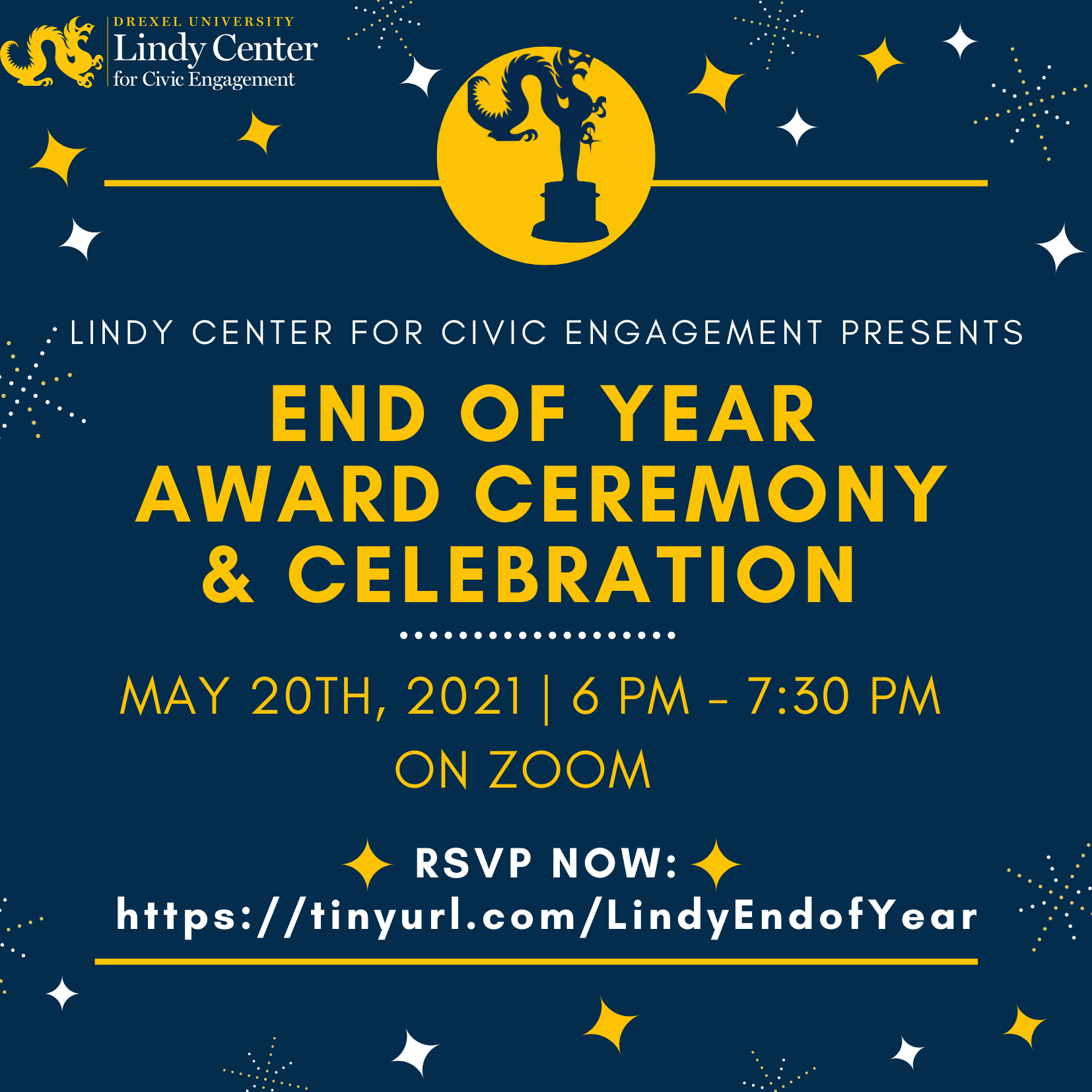 Lindy Center End of Year Award Ceremony and Celebration graphic image featuring trophy and star designs and information about the event.