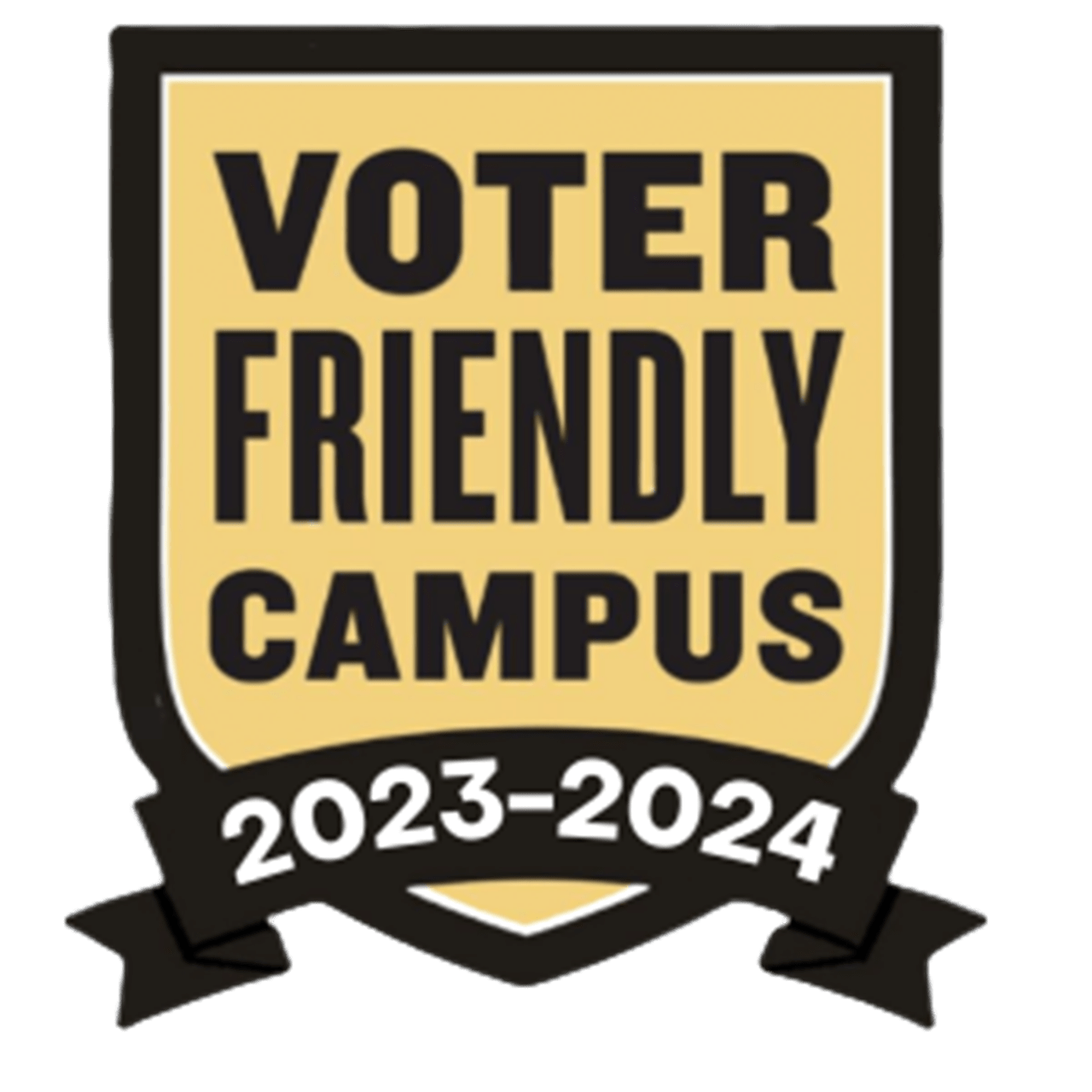 Yellow badge with black border. Says "Voter Friendly Campus, 2023-2024"