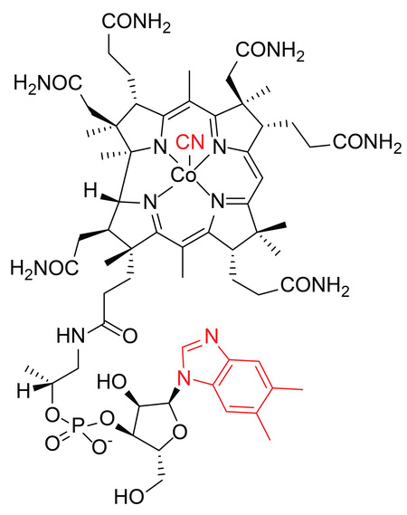 Vitamin B12, variable upper and lower ligands shown in red