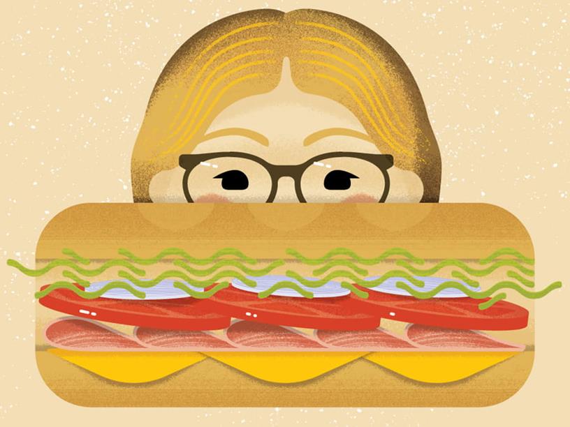 graphic of woman with glasses hovering behind a large hoagie