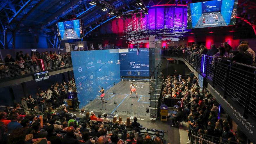 Squash players competing in the U.S. Open Women&#39;s Final inside the Arlen Specter US Squash Center in 2023.