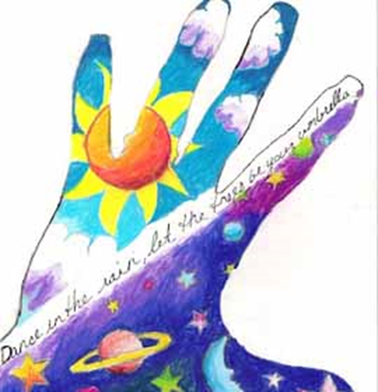 A handprint reads "Dance in the rain, let the trees be your umbrella"