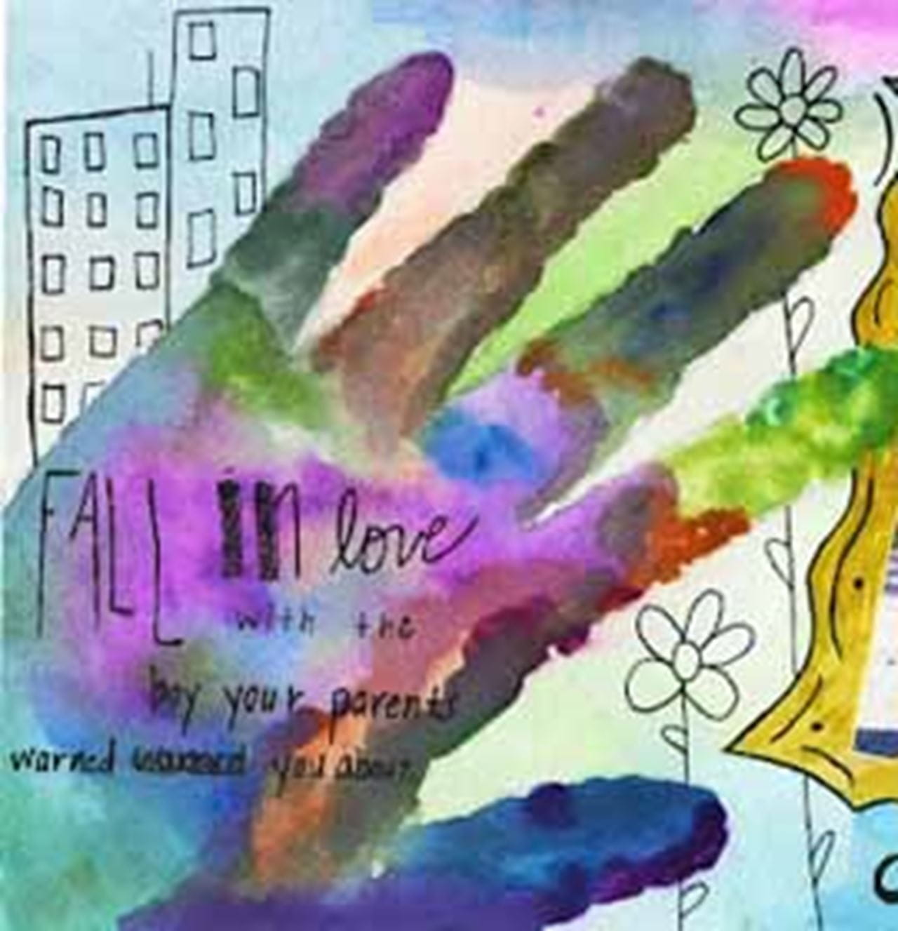 A postcard reads "Fall in love with the boy your parents warned you about"