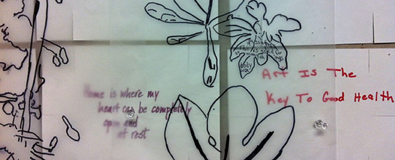 Artwork created in the Porch Light workshops at 11th Street emphasizes medicinal plants and the meaning of home.