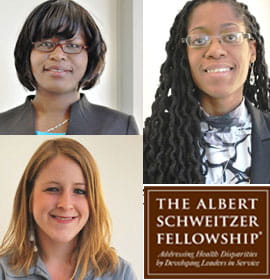 Three medical students selected as Schweitzer Fellows: Phoebe Dacha (upper left), Alicia Howard (right) and Ashley Stephens (lower left)