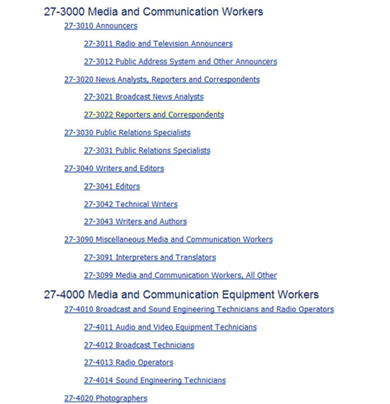 Screenshot from the Standard Occupational Classification, a federal standard method for systematically coding occupational data