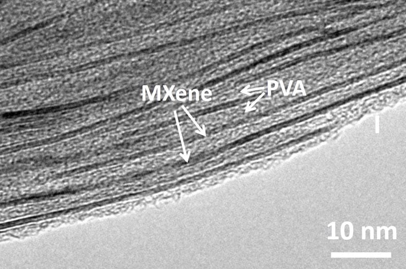A scanning electron microscopic image of MXene-polymer nanocomposite shows the polyvinyl alcohol filling in the layers of MXene to give the material its unique properties.